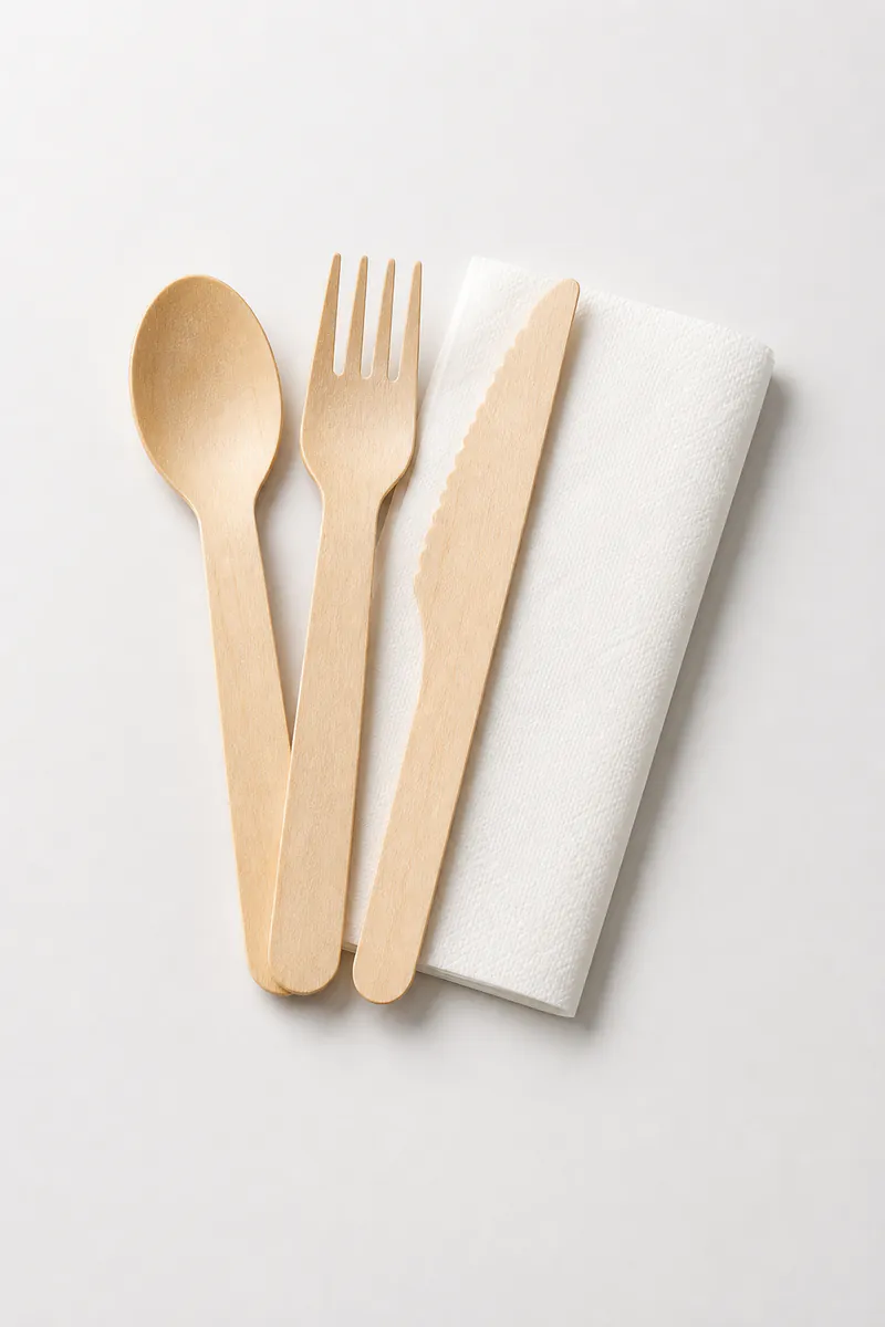 Combo muỗng gỗ, nĩa gỗ, dao gỗ kèm giấy ăn